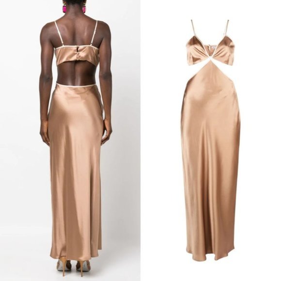 NWOT Reformation Poppies Silk Cut-out Maxi Slip Dress Sz 8 Croissant Deep V-neck - Picture 2 of 10